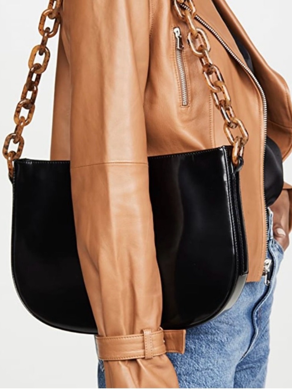 BY FAR Black Shoulder Bag with Tortoiseshell Chain Strap